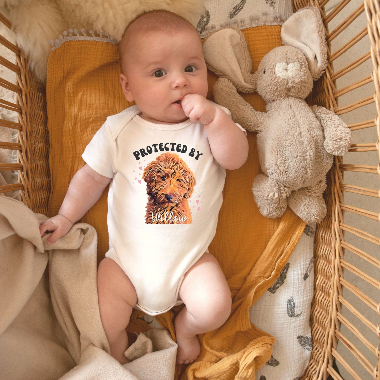 Protected by Dog Onesie®, Goldendoodle Onesie, New Best Friend Onesie, Custom Dog Breed Onesie®, Dog Name Onesie®, Baby Shower Gift