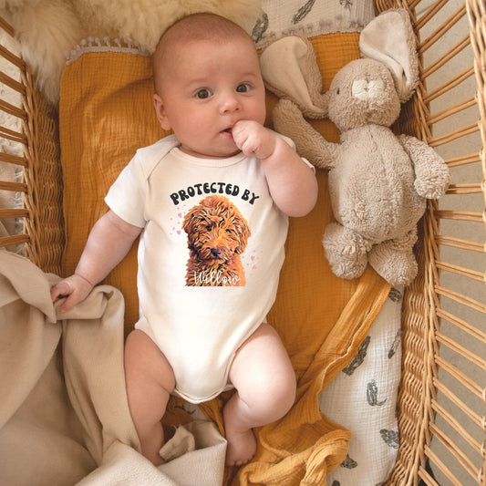 Protected by Dog Onesie®, Goldendoodle Onesie, New Best Friend Onesie, Custom Dog Breed Onesie®, Dog Name Onesie®, Baby Shower Gift