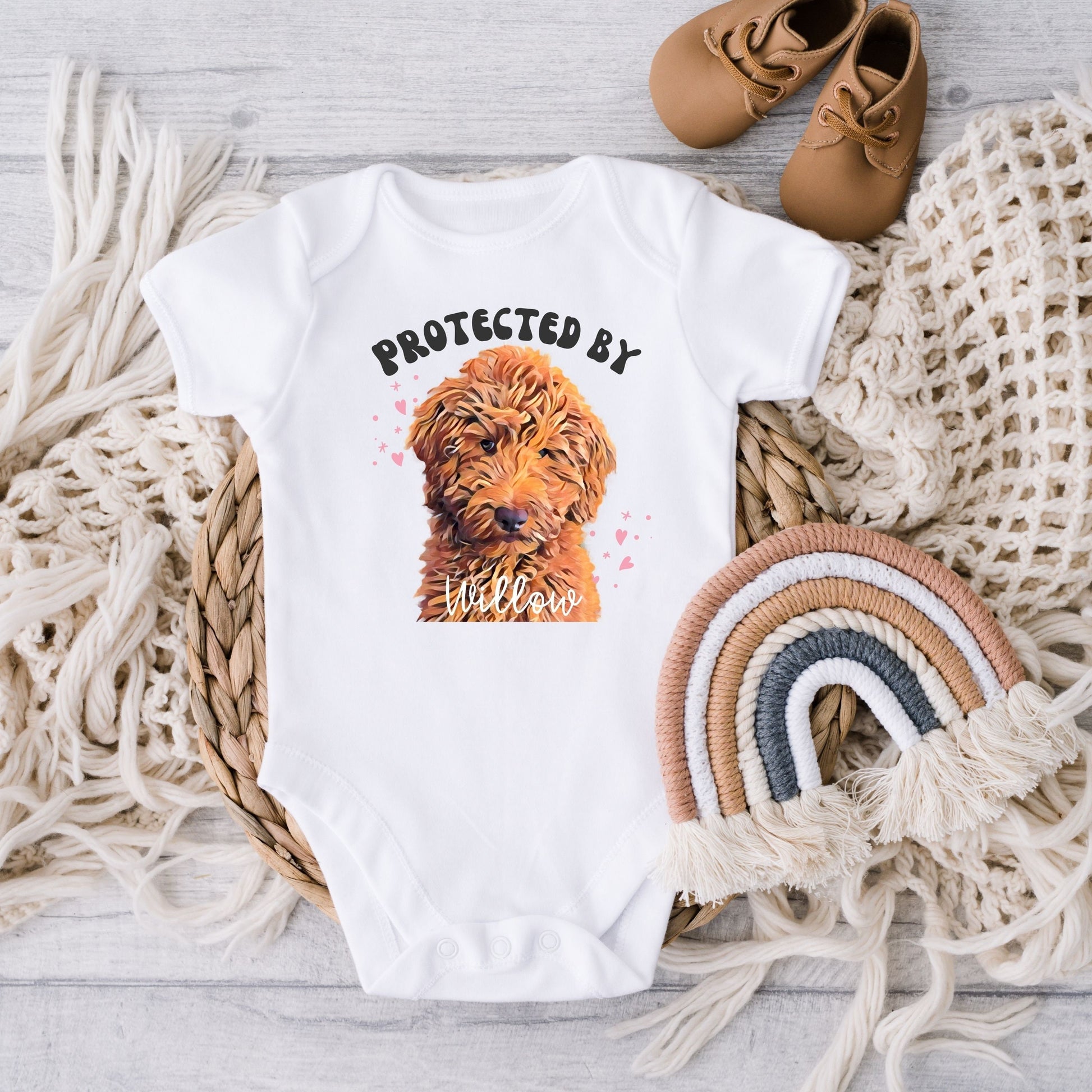 Protected by Dog Onesie®, Goldendoodle Onesie, New Best Friend Onesie, Custom Dog Breed Onesie®, Dog Name Onesie®, Baby Shower Gift