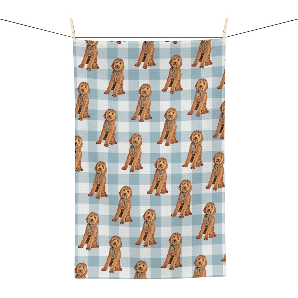 Blue plaid Goldendoodle tea towel, waffle kitchen towel, Labradoodle dog flour sack, checkers dish towel, housewarming gift, new home gift