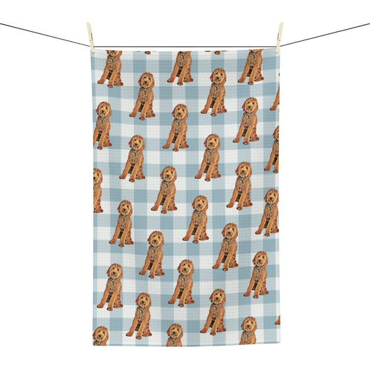 Blue plaid Goldendoodle tea towel, waffle kitchen towel, Labradoodle dog flour sack, checkers dish towel, housewarming gift, new home gift