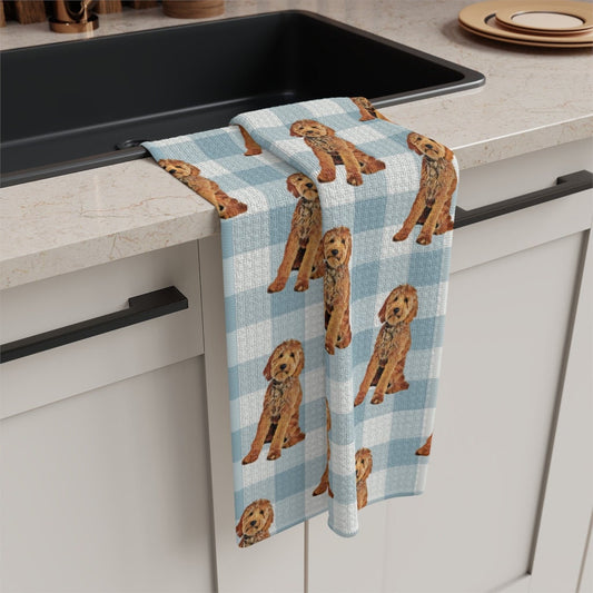 Blue plaid Goldendoodle tea towel, waffle kitchen towel, Labradoodle dog flour sack, checkers dish towel, housewarming gift, new home gift