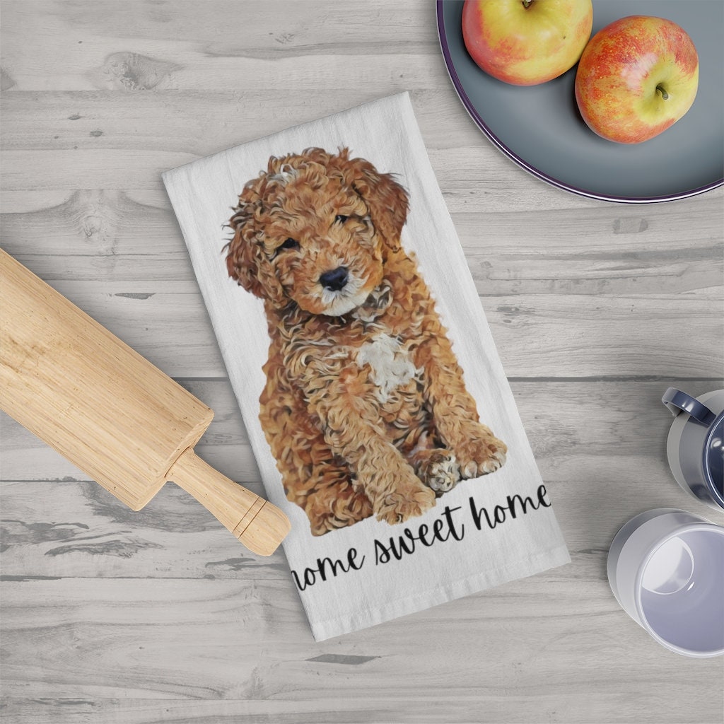 Puppy Goldendoodle Flour Sack Kitchen Tea Towel, Cotton Tuxedo Golden doodle Tea Towel, Cockapoo, Cavapoo, Doodle Hand Towel, Dish Towel