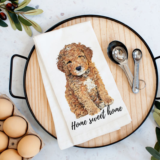Puppy Goldendoodle Flour Sack Kitchen Tea Towel, Cotton Tuxedo Golden doodle Tea Towel, Cockapoo, Cavapoo, Doodle Hand Towel, Dish Towel