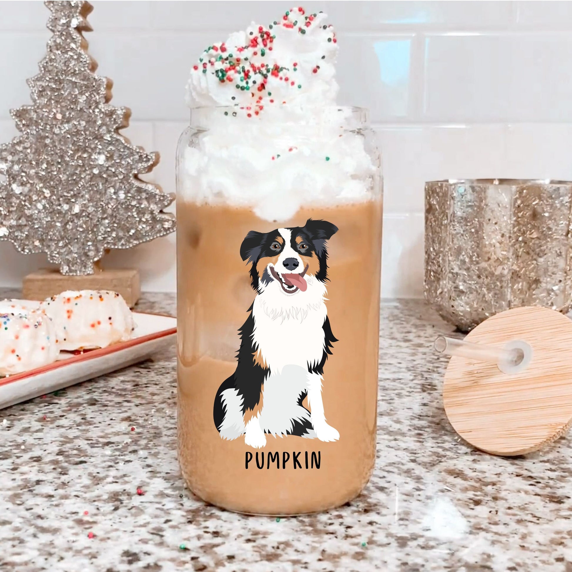 Australian Shepherd glass with lid and straw, iced coffee glass, aussie mom gifts, aussie gifts, mothers day gift, daughter birthday gift