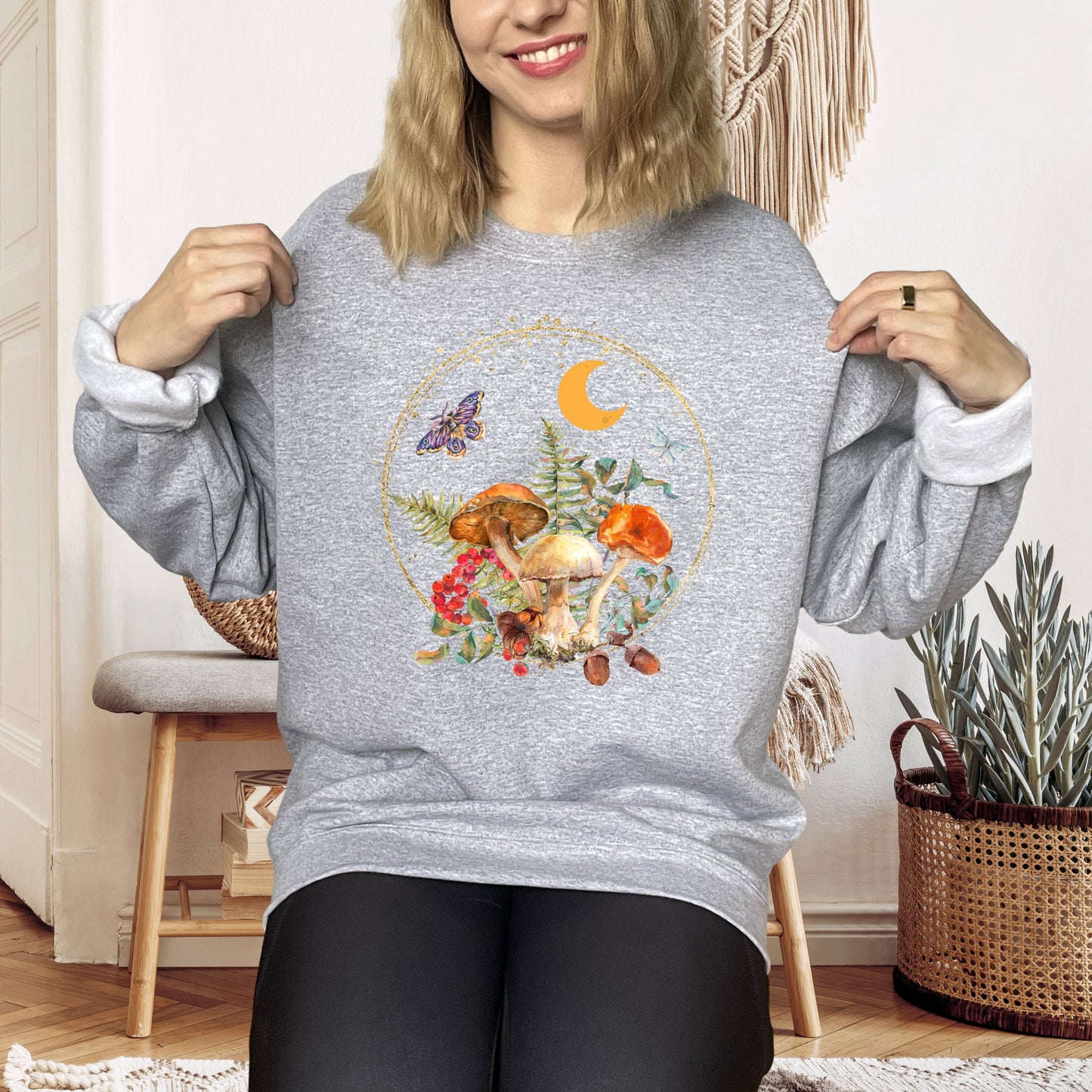 Magical Mushroom Sweatshirt, Magical Moon Crewneck, Botanical Shirt, Hippie shirt, Mushroom Shirt, Mushroom Lover Gift, Celestial Moon Shirt