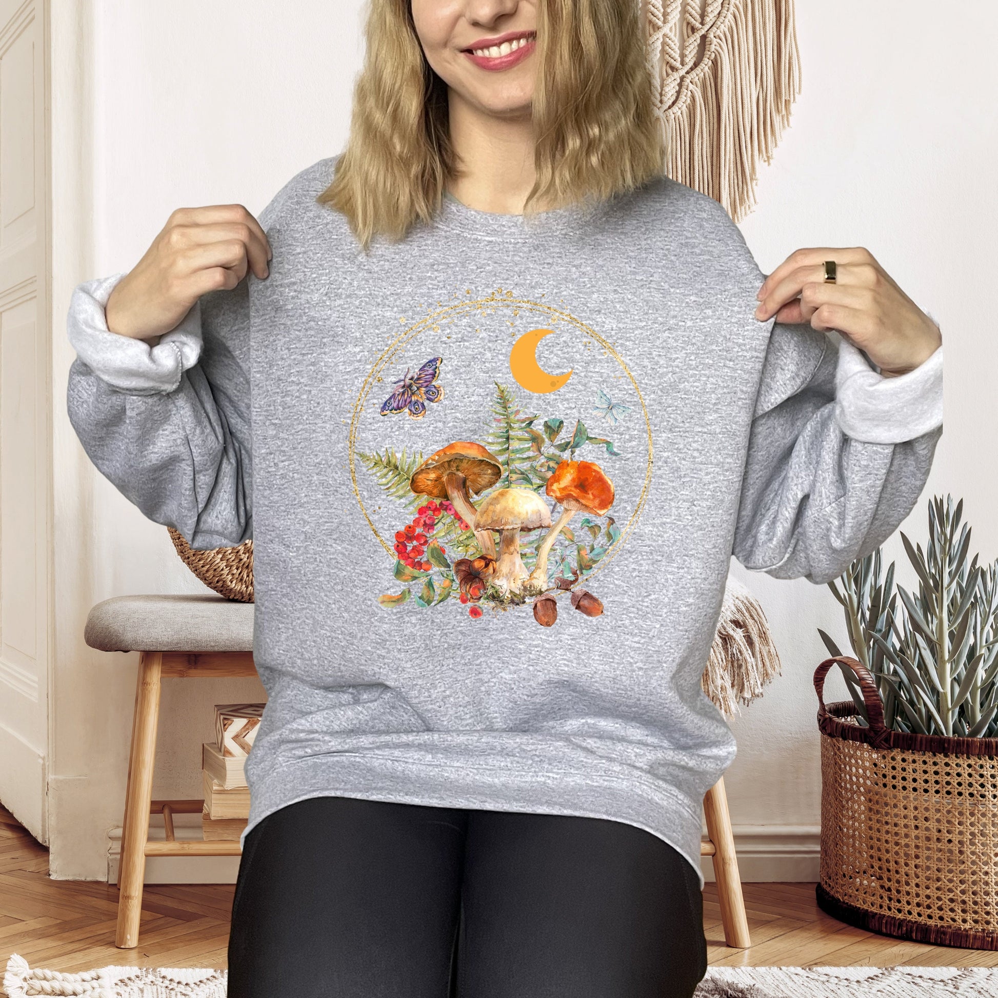 Magical Mushroom Sweatshirt, Magical Moon Crewneck, Botanical Shirt, Hippie shirt, Mushroom Shirt, Mushroom Lover Gift, Celestial Moon Shirt