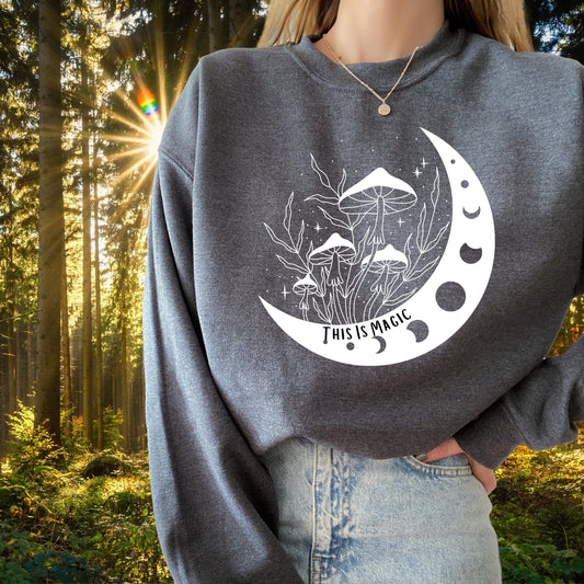 Mushroom Sweatshirt, Magical Moon Crewneck, Botanical Shirt, Hippie shirt, Mushroom Shirt, Mushroom Lover Gift, Celestial Moon Shirt
