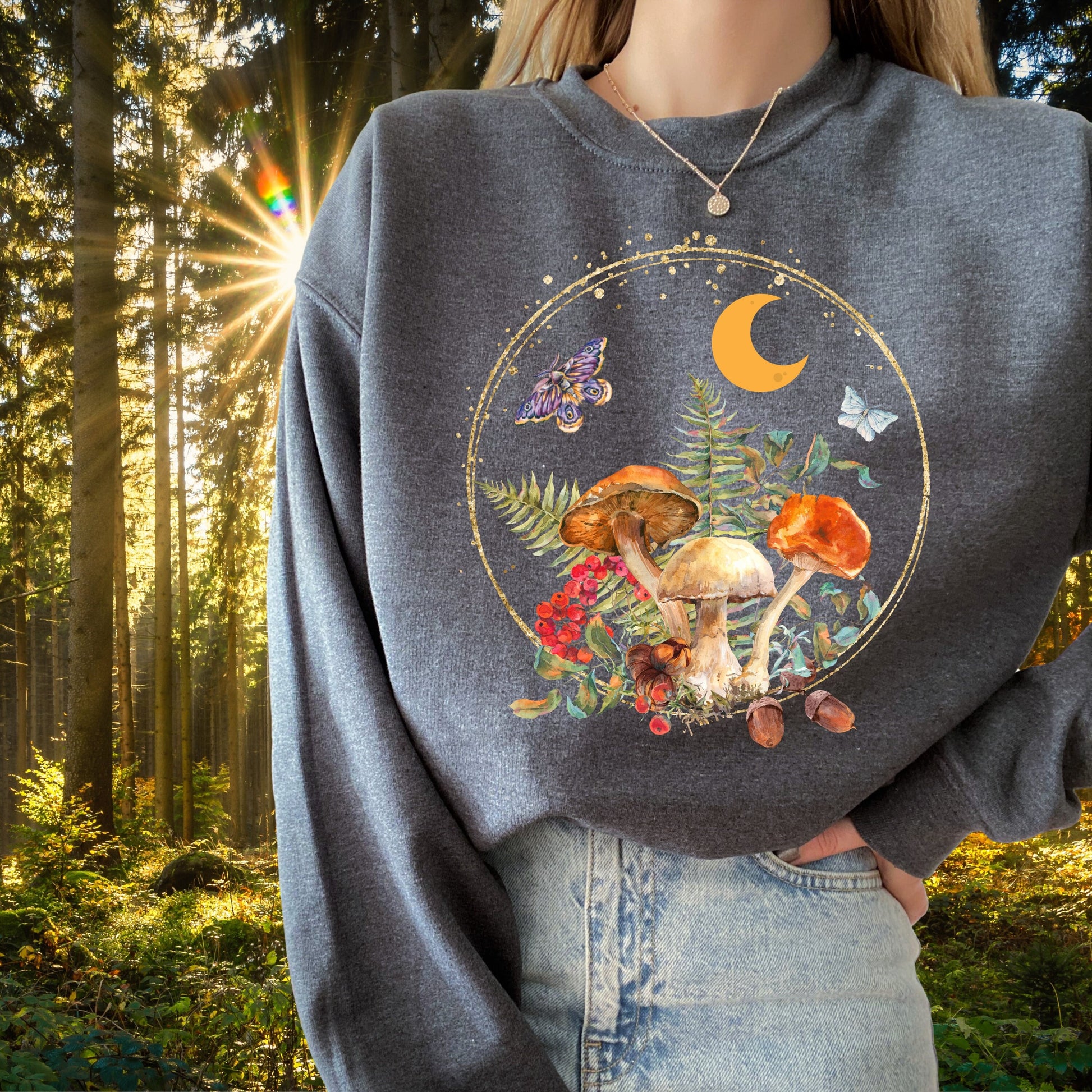 Magical Mushroom Sweatshirt, Magical Moon Crewneck, Botanical Shirt, Hippie shirt, Mushroom Shirt, Mushroom Lover Gift, Celestial Moon Shirt