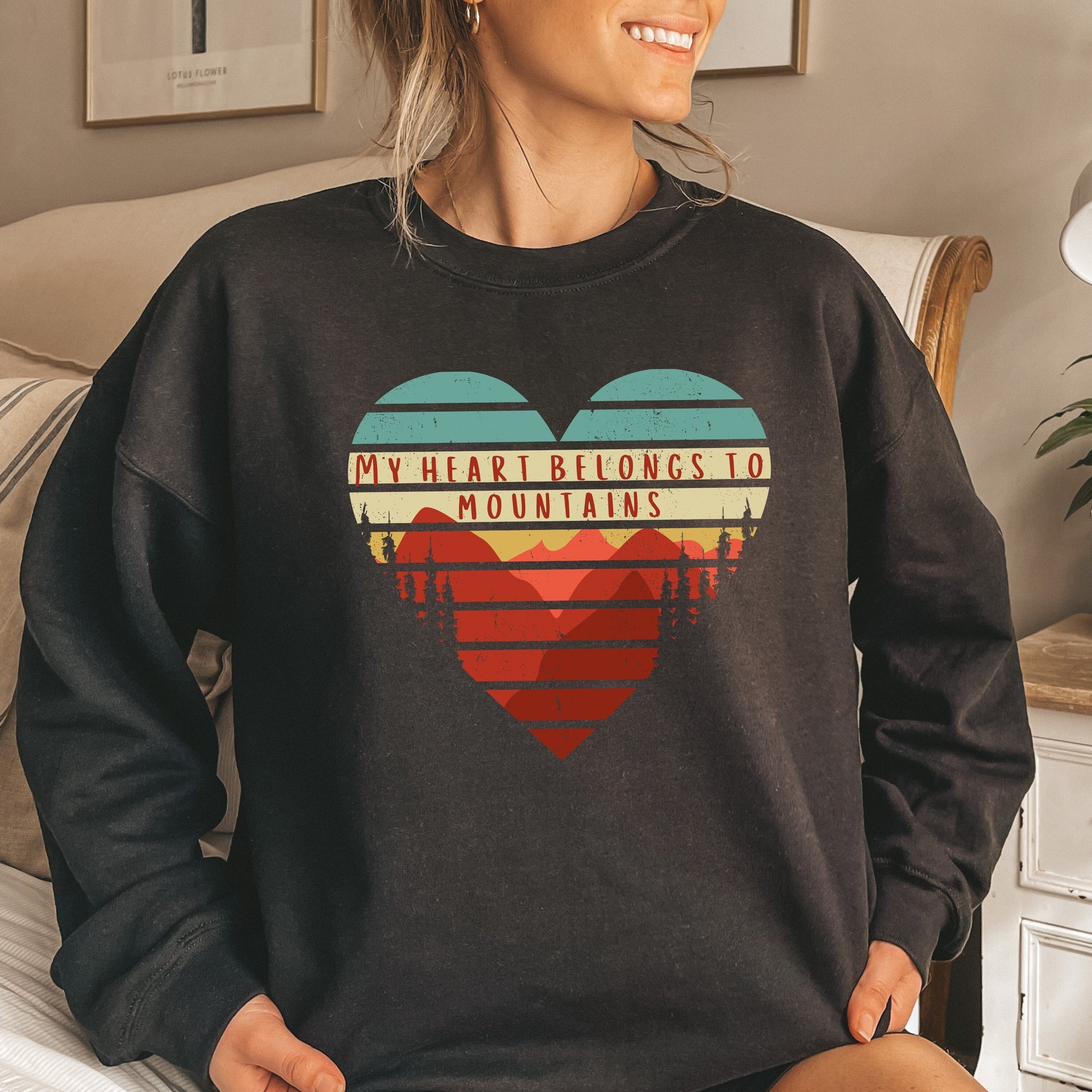 Mountain lover sweatshirt, my heart belongs to mountains, mountain shirt, oversized, rocky mountain aesthetic clothes college