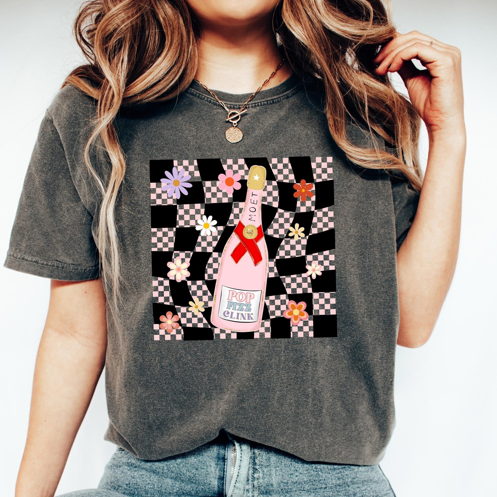 Pop clink fizz tee, champagne tee, getting ready tee, bridesmaid tee, comfort colors shirt, cc1717, vintage inspired t-shirt, retro check