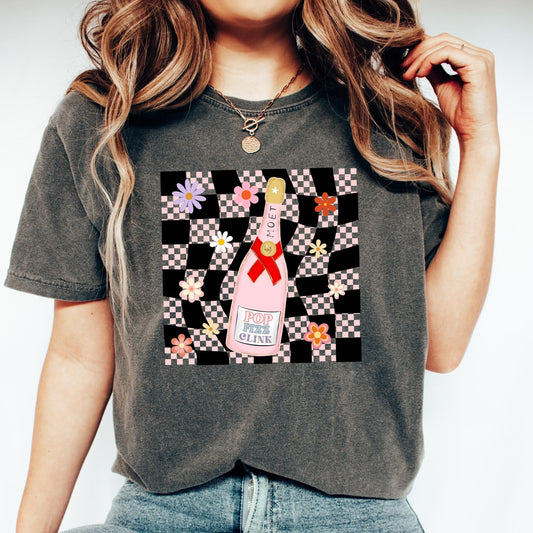 Pop clink fizz tee, champagne tee, getting ready tee, bridesmaid tee, comfort colors shirt, cc1717, vintage inspired t-shirt, retro check