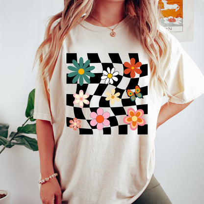 Retro flower shirt, comfort colors shirt, comfort colors 1717, unisex fit tee, 70s fashion trends, vintage cottagecore, checkered t-shirt
