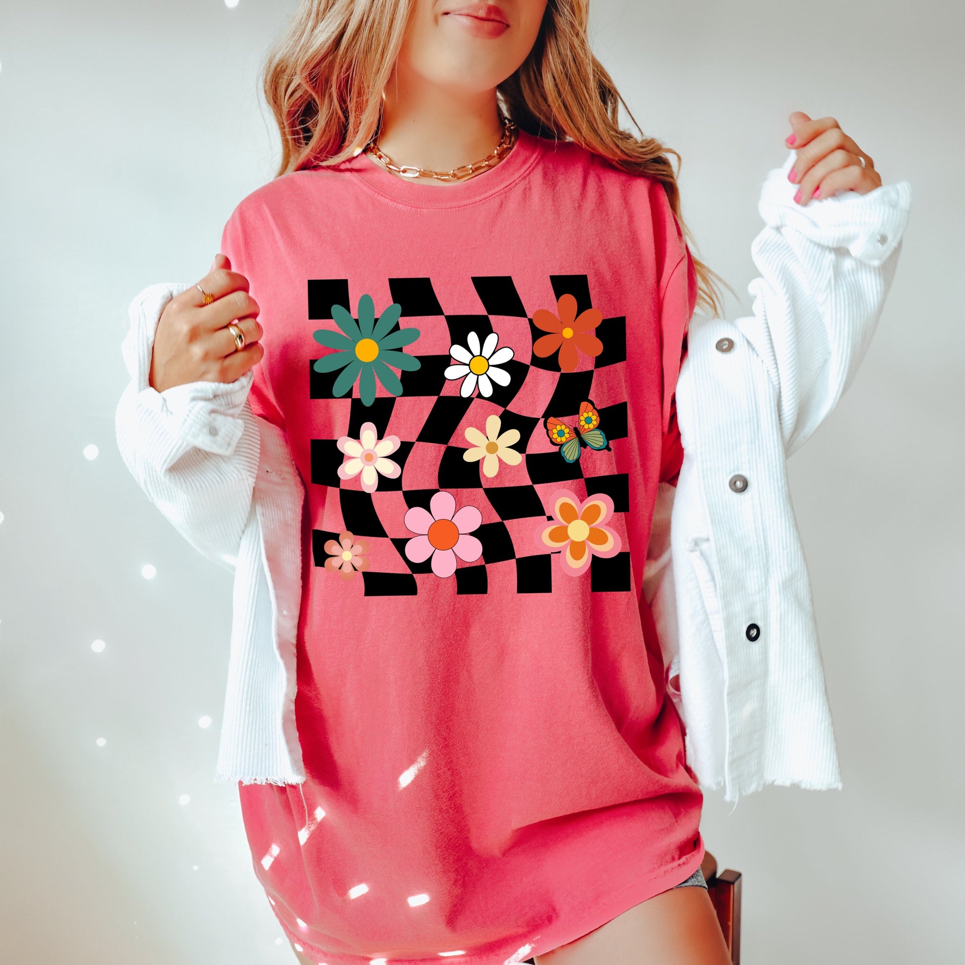 Retro flower shirt, comfort colors shirt, comfort colors 1717, unisex fit tee, 70s fashion trends, vintage cottagecore, checkered t-shirt