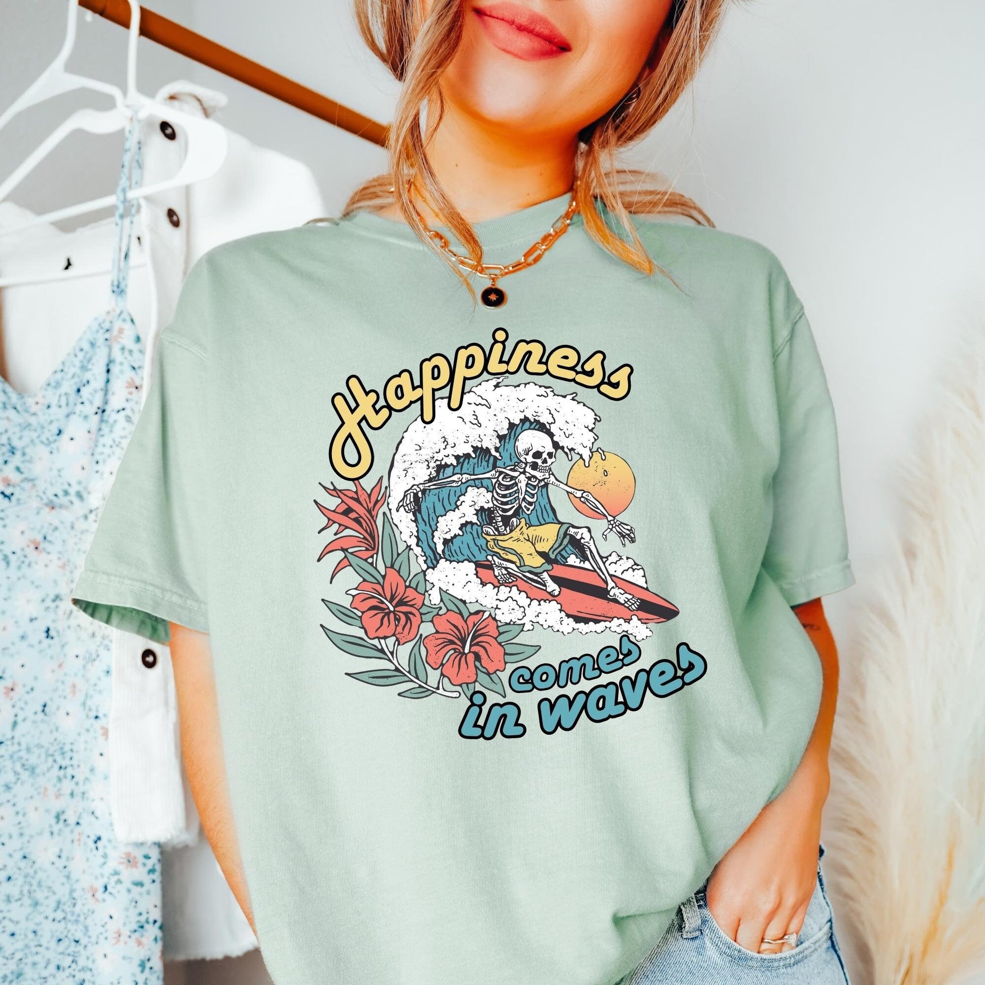 Happiness comes in waves t-shirt, comfort colors t-shirt, retro skeleton shirt, skeleton surfing tee, summer shirt, oversized t-shirt