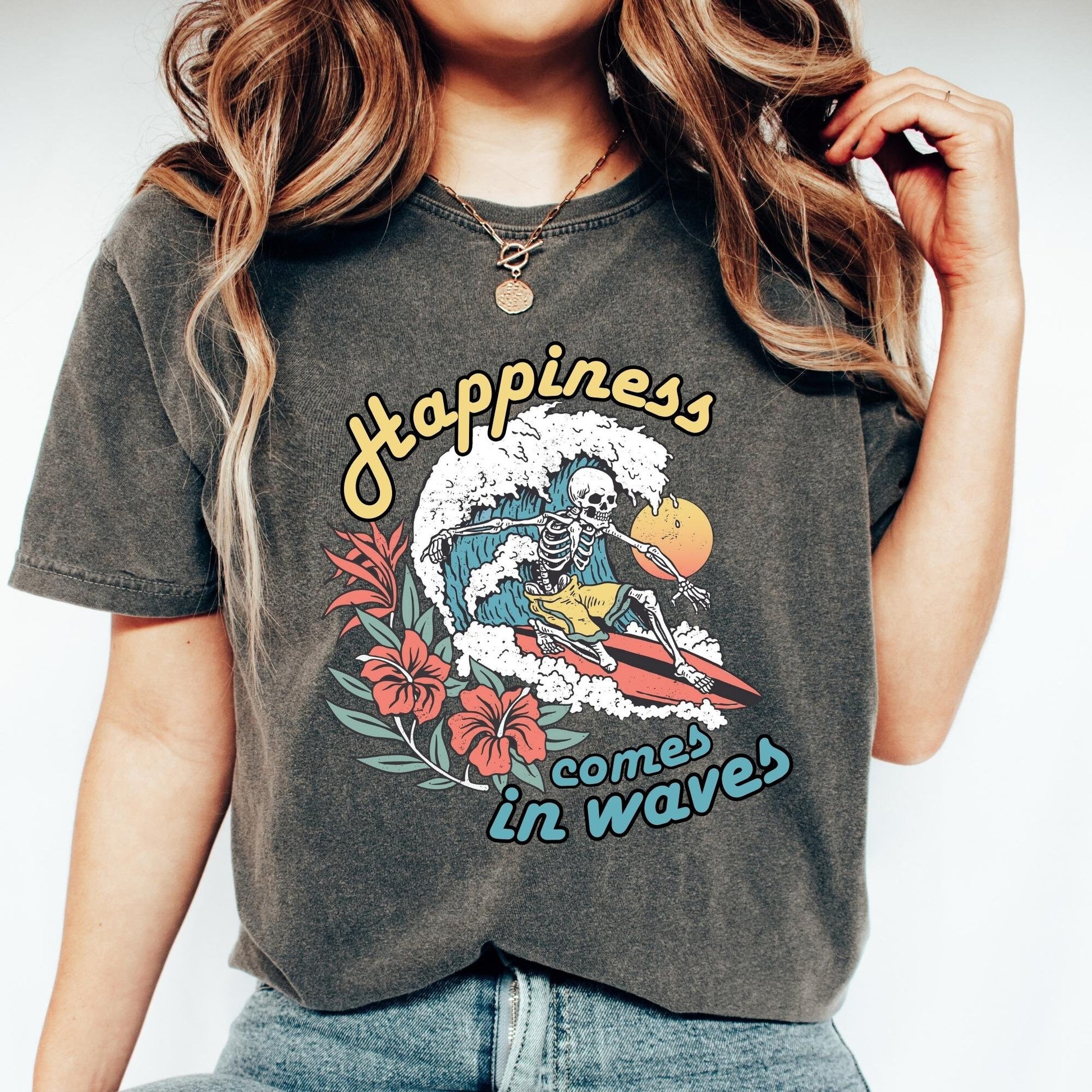 Happiness comes in waves t-shirt, comfort colors t-shirt, retro skeleton shirt, skeleton surfing tee, summer shirt, oversized t-shirt