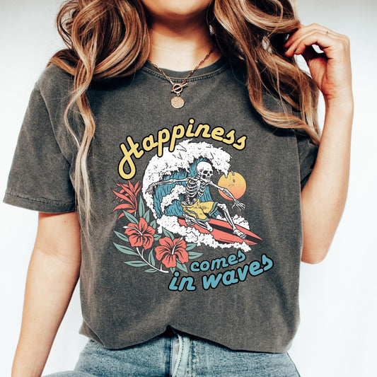 Happiness comes in waves t-shirt, comfort colors t-shirt, retro skeleton shirt, skeleton surfing tee, summer shirt, oversized t-shirt