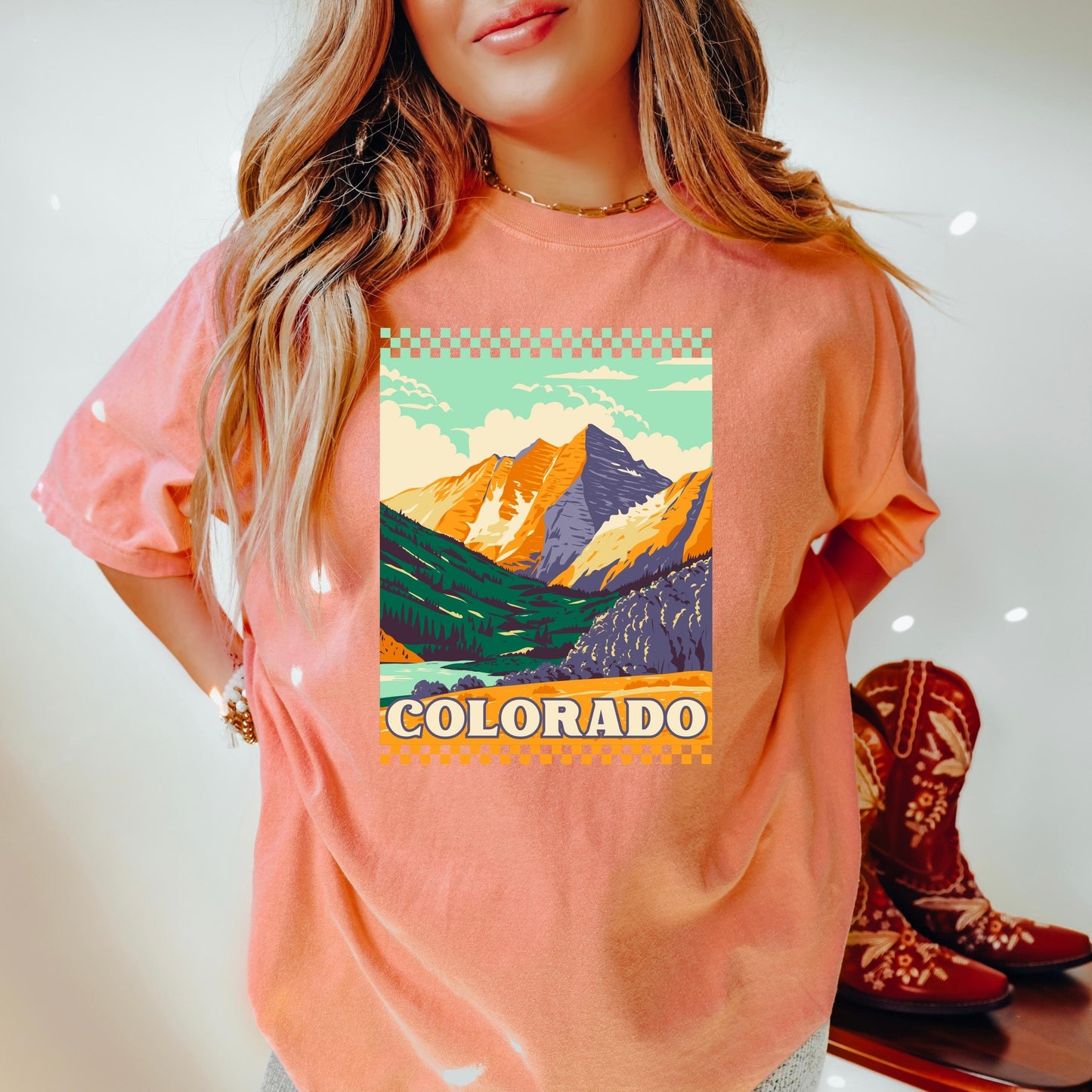 Colorado tee, rocky mountain colorado, comfort colors shirt, comfort colors 1717, vintage inspired t-shirt, retro checkered tee, boho tee