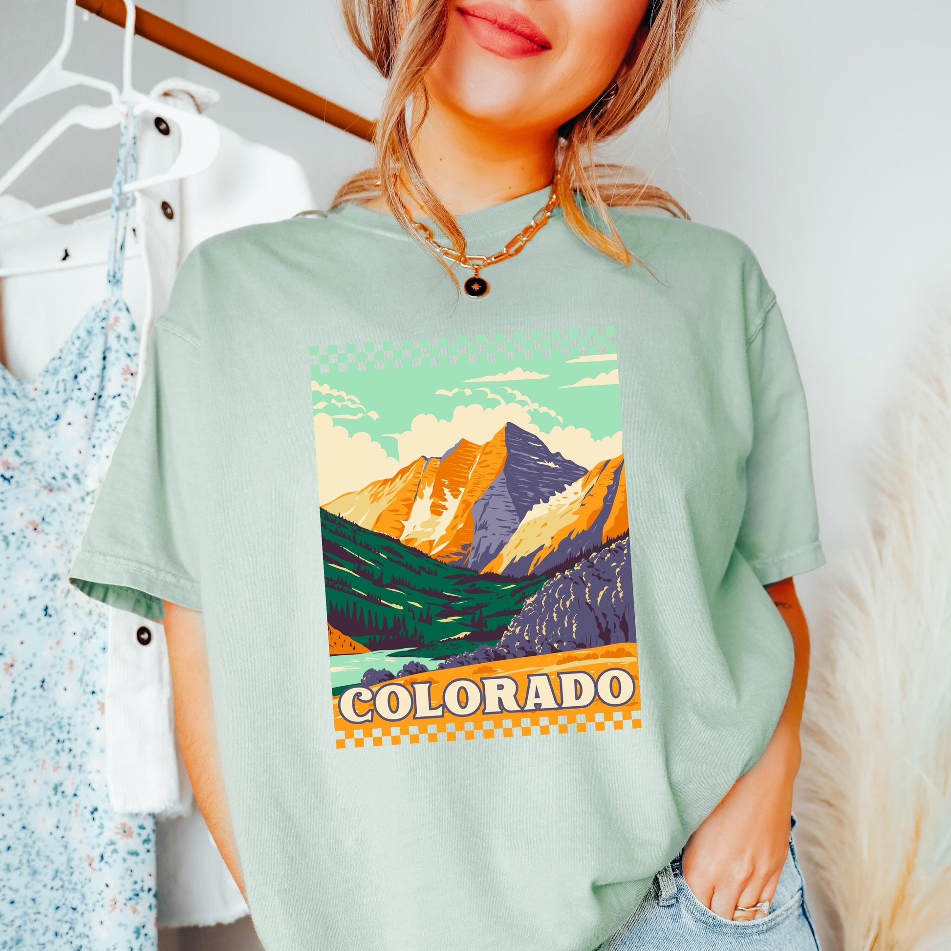 Colorado tee, rocky mountain colorado, comfort colors shirt, comfort colors 1717, vintage inspired t-shirt, retro checkered tee, boho tee