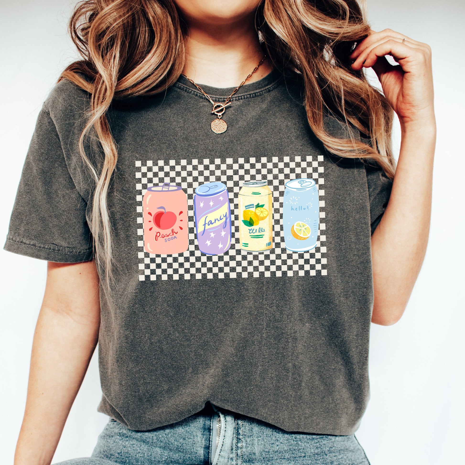 Peach soda tee, y2k aesthetic t-shirt, comfort colors shirt, comfort colors 1717, vintage inspired t-shirt, retro checkered tee, fancy retro