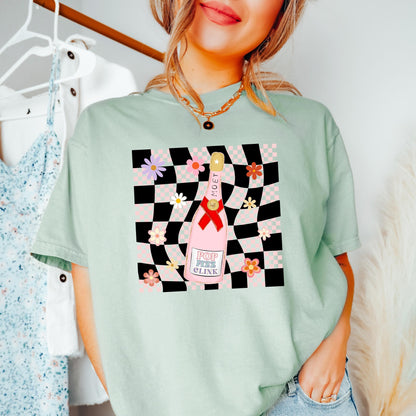 Pop clink fizz tee, champagne tee, getting ready tee, bridesmaid tee, comfort colors shirt, cc1717, vintage inspired t-shirt, retro check