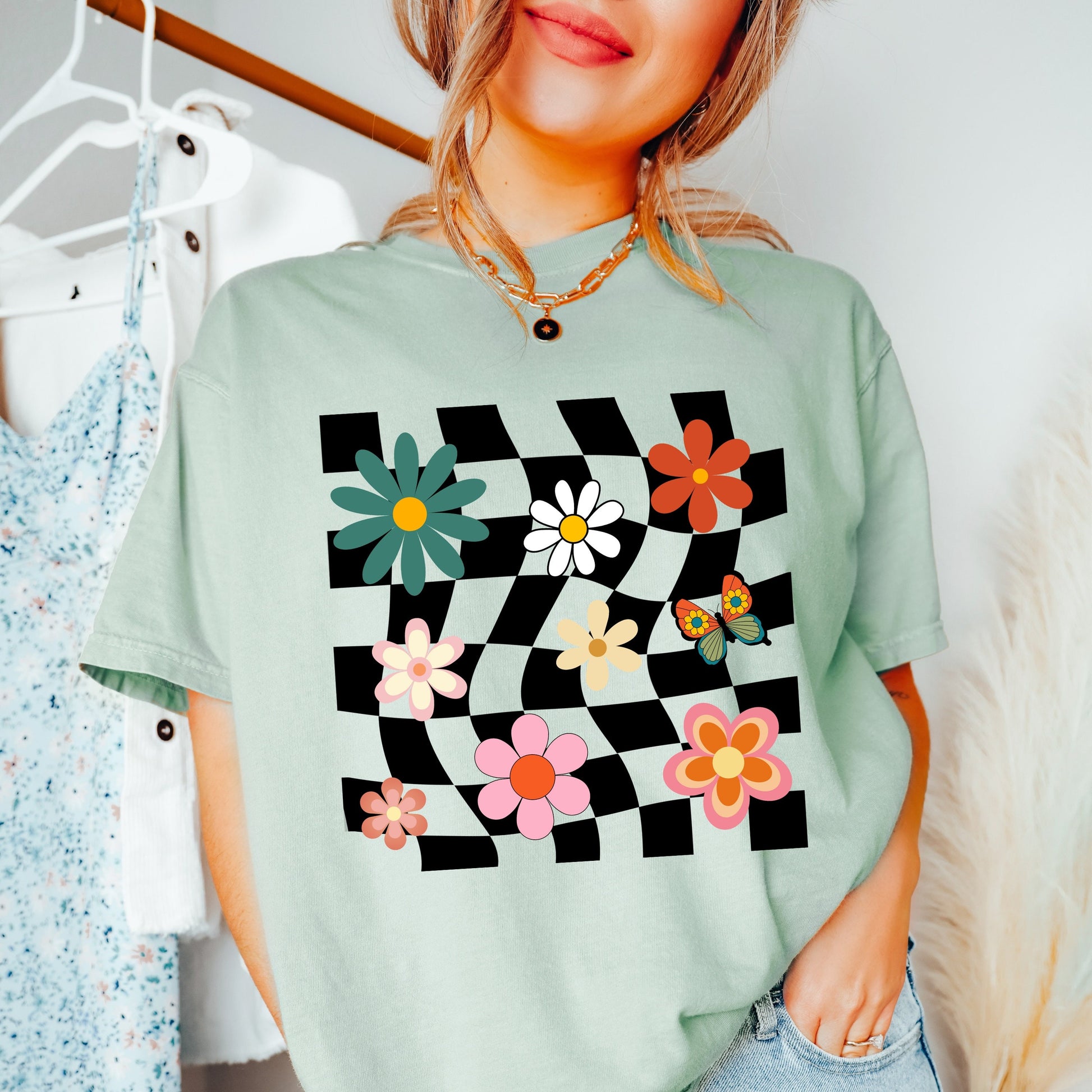Retro flower shirt, comfort colors shirt, comfort colors 1717, unisex fit tee, 70s fashion trends, vintage cottagecore, checkered t-shirt