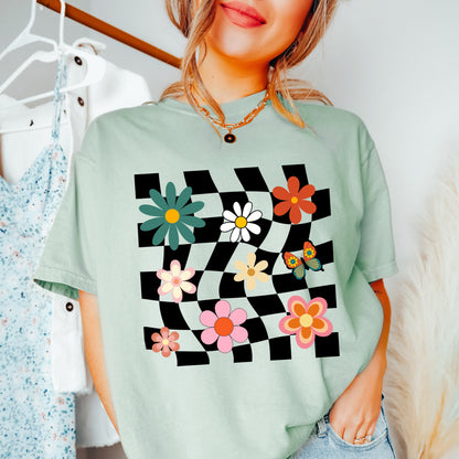 Retro flower shirt, comfort colors shirt, comfort colors 1717, unisex fit tee, 70s fashion trends, vintage cottagecore, checkered t-shirt