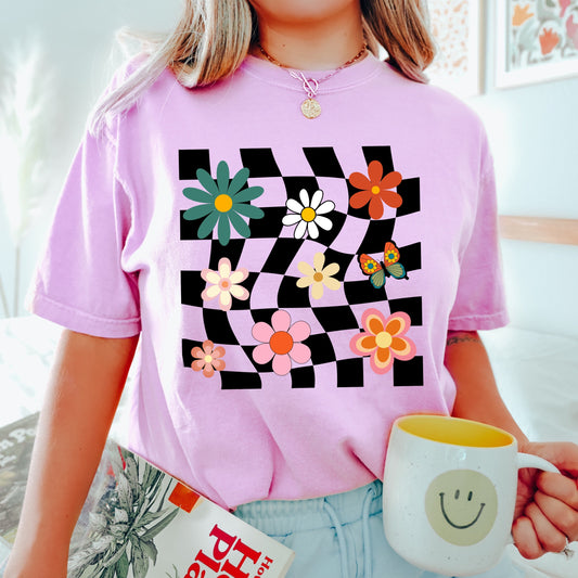 Retro flower shirt, comfort colors shirt, comfort colors 1717, unisex fit tee, 70s fashion trends, vintage cottagecore, checkered t-shirt