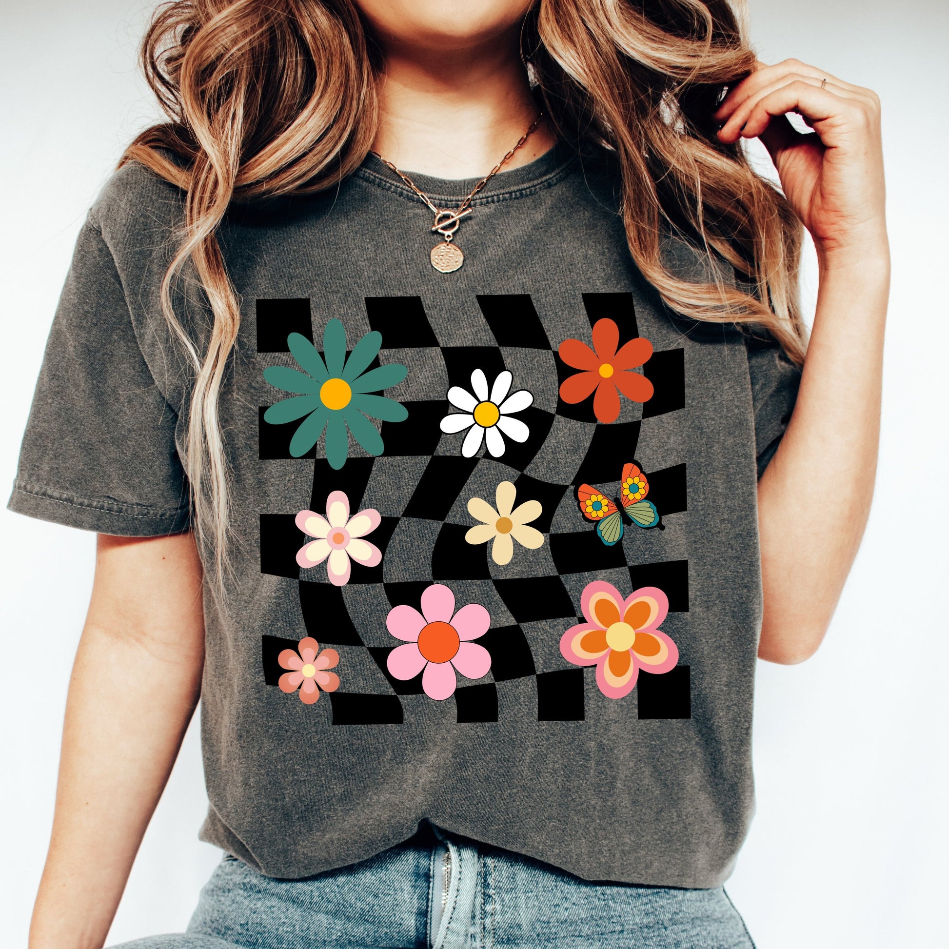 Retro flower shirt, comfort colors shirt, comfort colors 1717, unisex fit tee, 70s fashion trends, vintage cottagecore, checkered t-shirt