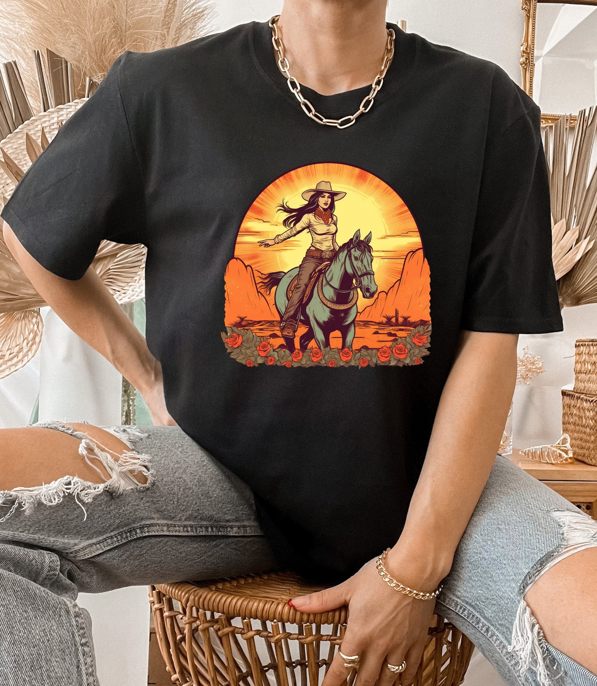Western cowgirl t-shirt, desert sunset cowgirl tee, retro long live cowgirls aesthetic, desert sunset tee, riding horse shirt, cowgirl gifts