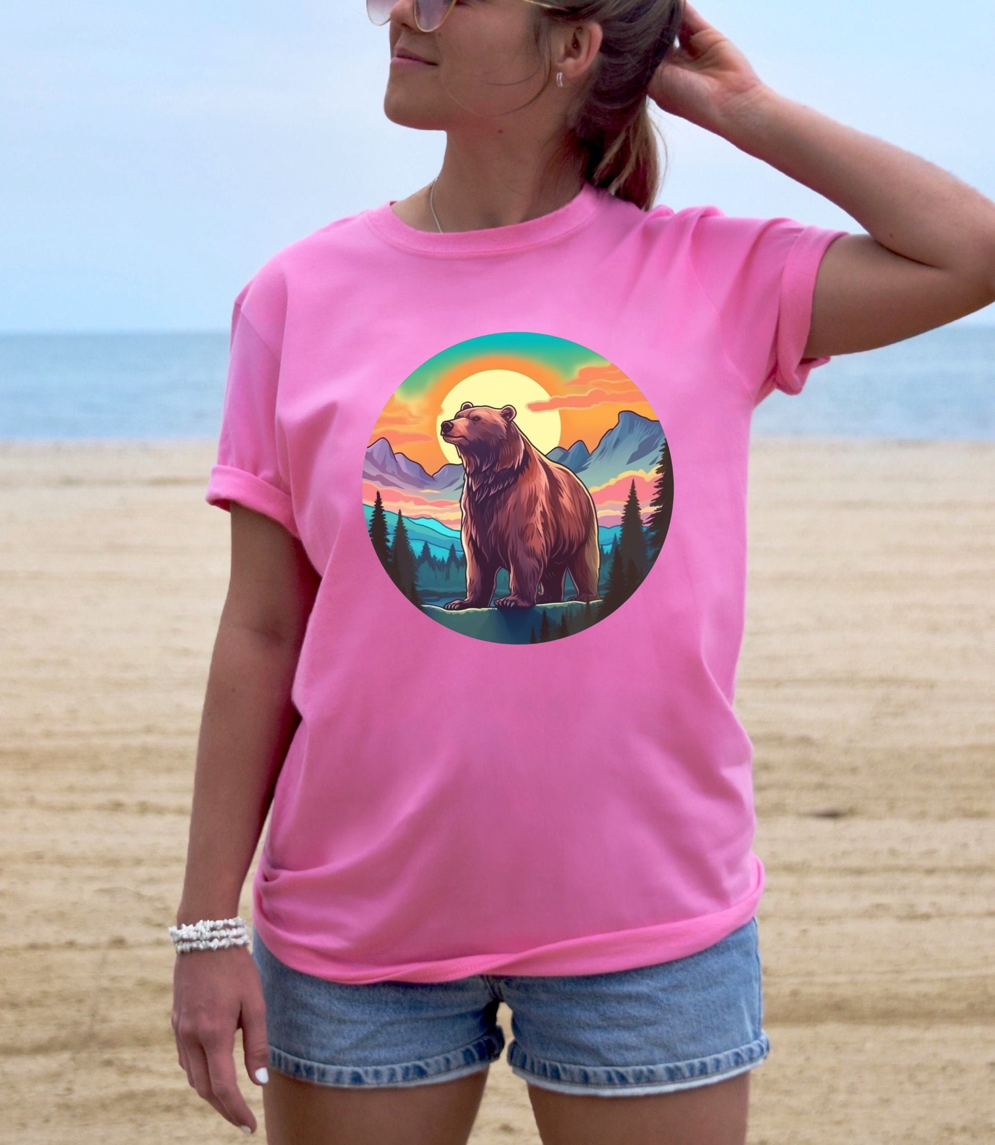 Alaska bear sunset t-shirt, Alaska gifts, aurora borealis, grizzly bear t-shirt, bear lover tee, cruising Alaska, bear lover gifts, birthday