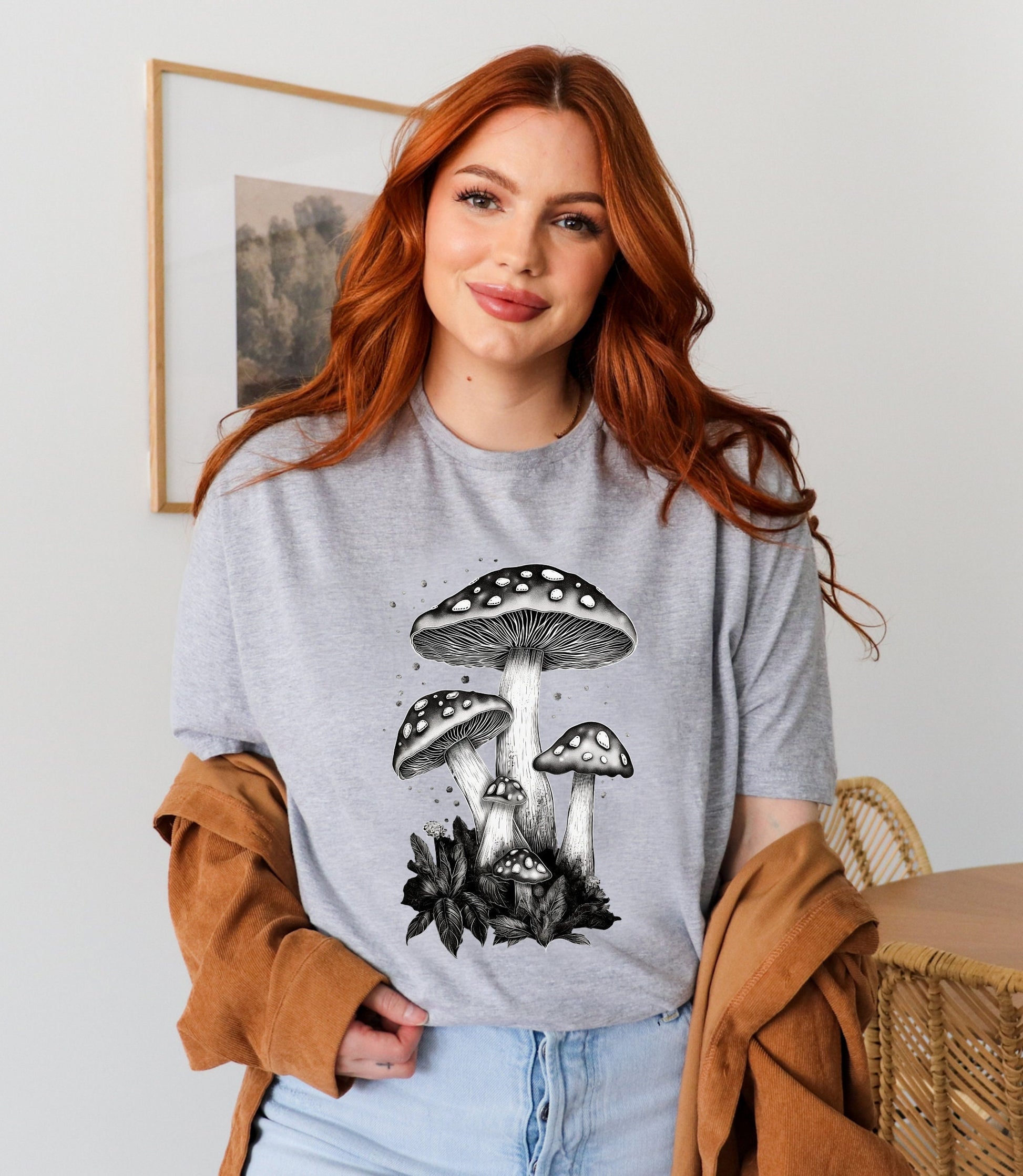 Magical mushroom t-shirt, mystical mushroom shirt, line art mushroom, mushroom gifts, birthday gift, mushroom lover shirt