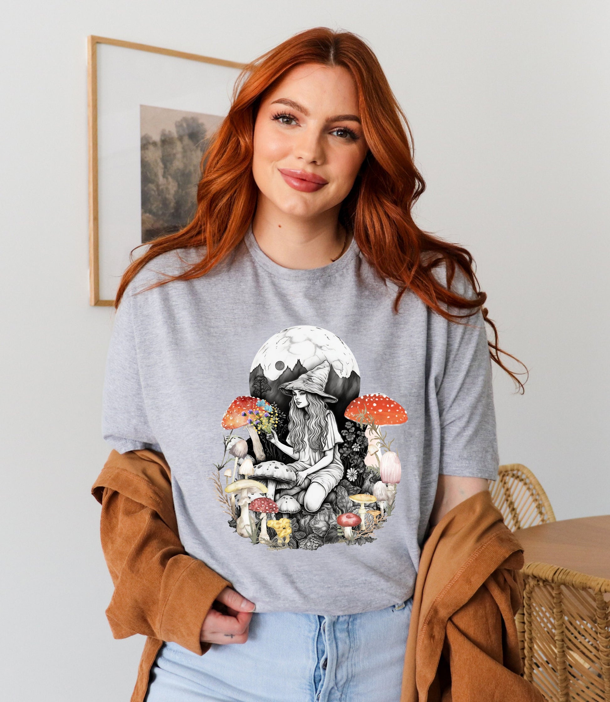 Magic mushroom t-shirt, mushroom witch tee, mushroom gifts for her, mushroom moon phase, cottagecore lover gift, fungi shirt, botanical tee