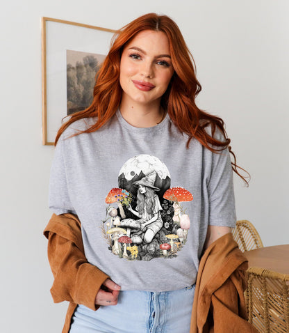 Magic mushroom t-shirt, mushroom witch tee, mushroom gifts for her, mushroom moon phase, cottagecore lover gift, fungi shirt, botanical tee