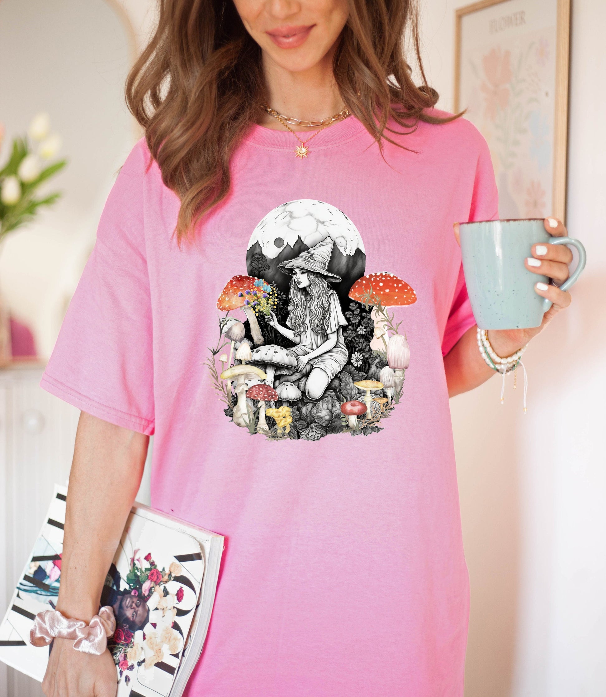 Magic mushroom t-shirt, mushroom witch tee, mushroom gifts for her, mushroom moon phase, cottagecore lover gift, fungi shirt, botanical tee