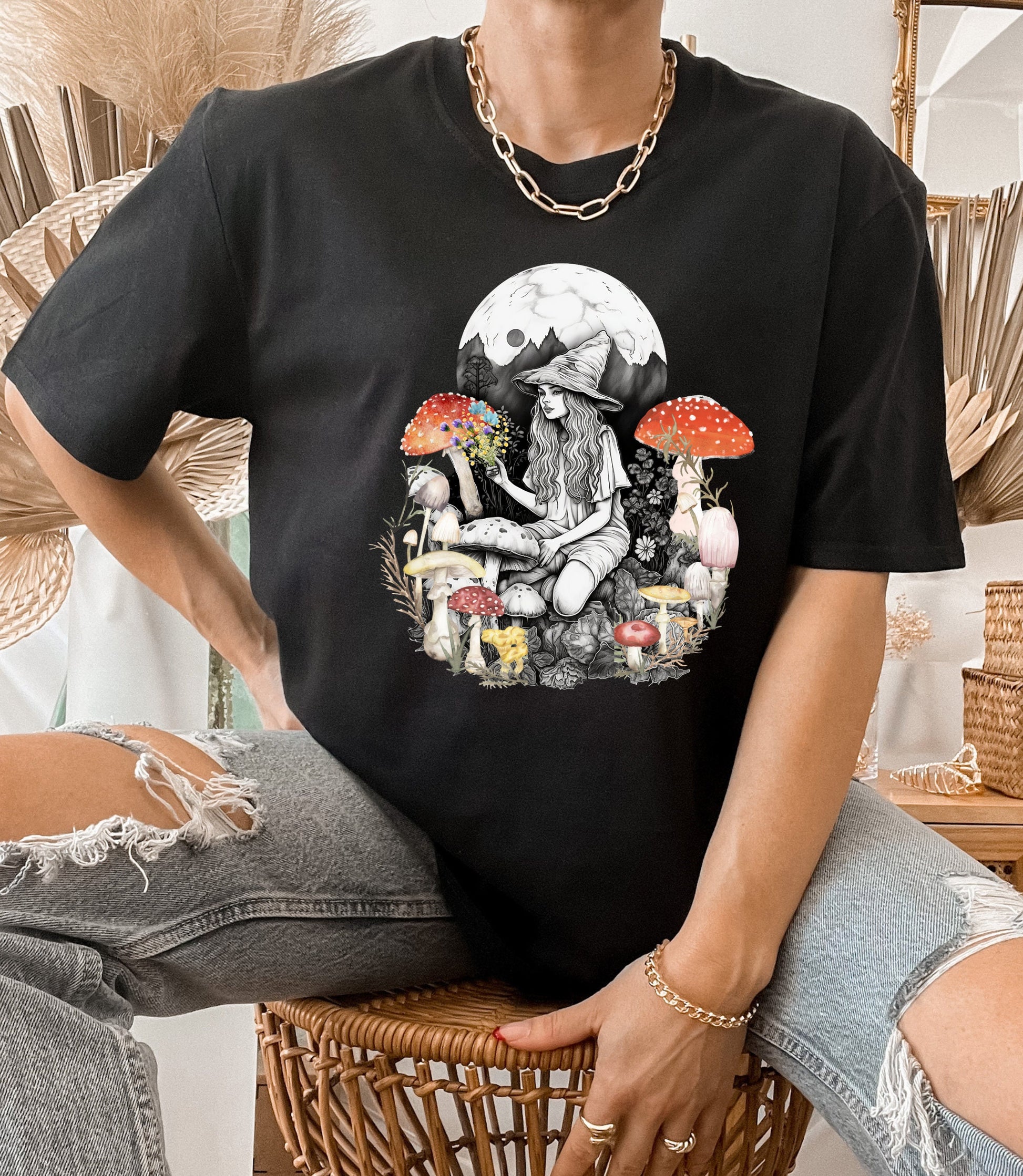 Magic mushroom t-shirt, mushroom witch tee, mushroom gifts for her, mushroom moon phase, cottagecore lover gift, fungi shirt, botanical tee