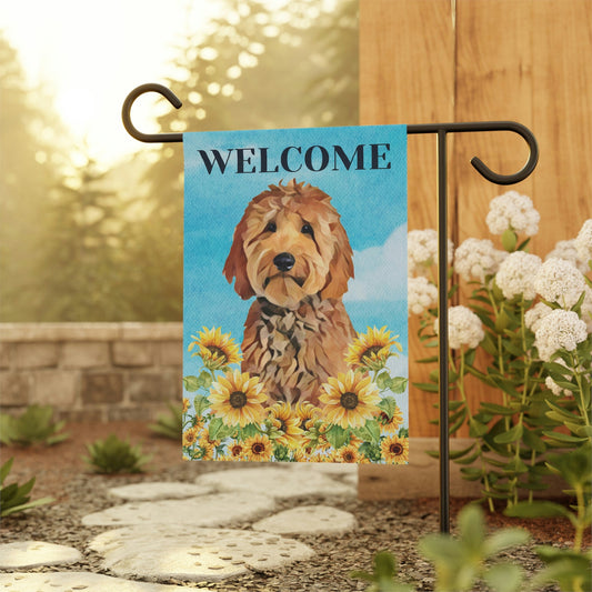 Welcome Goldendoodle garden flag, golden doodle gifts, doodle home decor, welcome spring garden flag, sunflower garden flag, doodle gifts