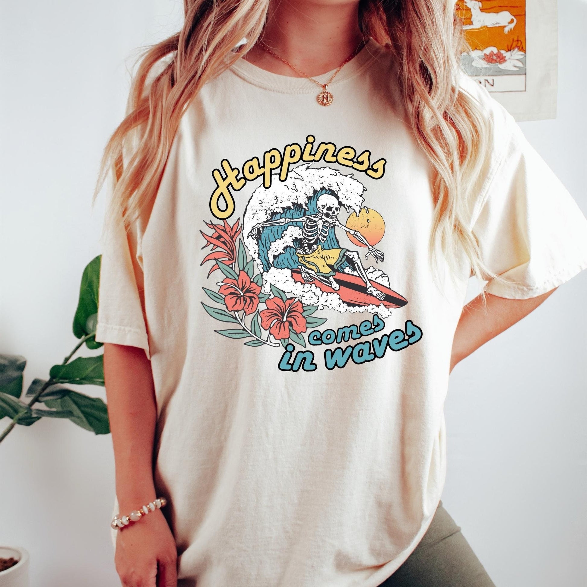 Happiness comes in waves t-shirt, comfort colors t-shirt, retro skeleton shirt, skeleton surfing tee, summer shirt, oversized t-shirt