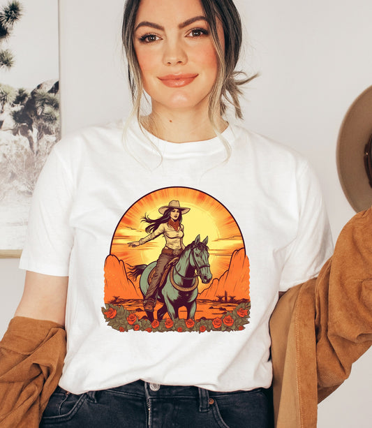 Western cowgirl t-shirt, desert sunset cowgirl tee, retro long live cowgirls aesthetic, desert sunset tee, riding horse shirt, cowgirl gifts