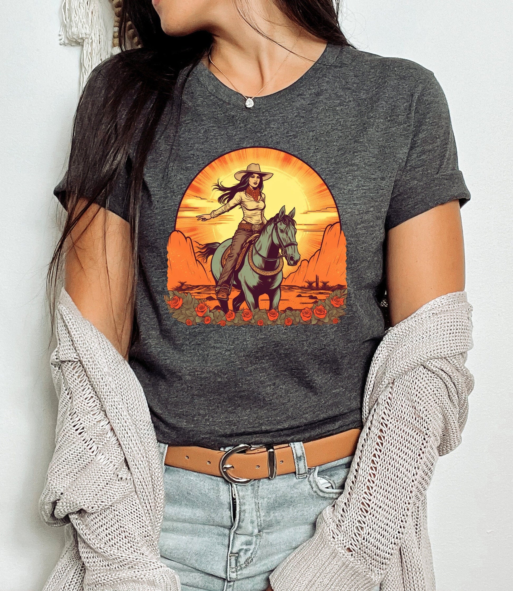 Western cowgirl t-shirt, desert sunset cowgirl tee, retro long live cowgirls aesthetic, desert sunset tee, riding horse shirt, cowgirl gifts