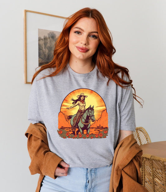 Western cowgirl t-shirt, desert sunset cowgirl tee, retro long live cowgirls aesthetic, desert sunset tee, riding horse shirt, cowgirl gifts