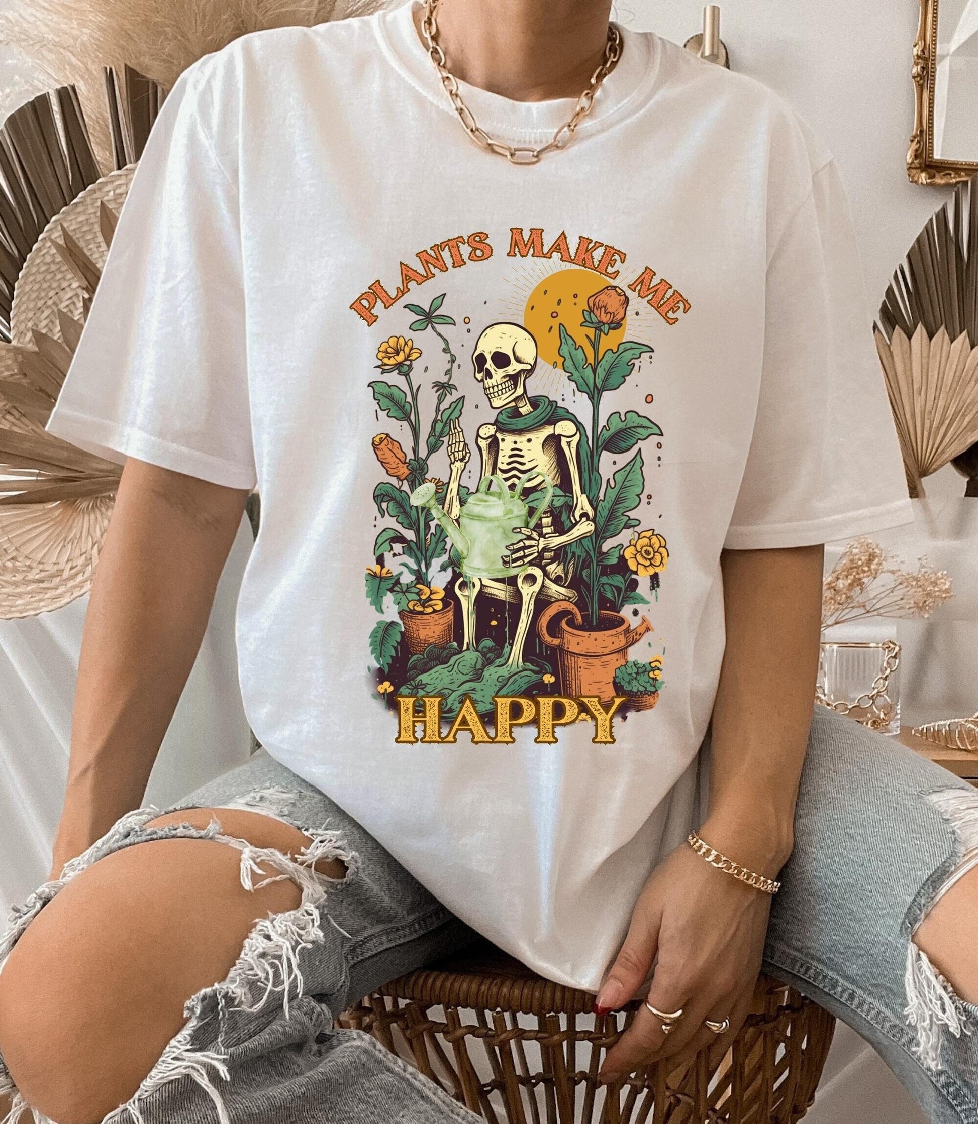 Plants make me happy t-shirt, one more plant tee, plant lover shirt, retro skeleton t-shirt, cartoon cottagecore t-shirt, skeleton shirt