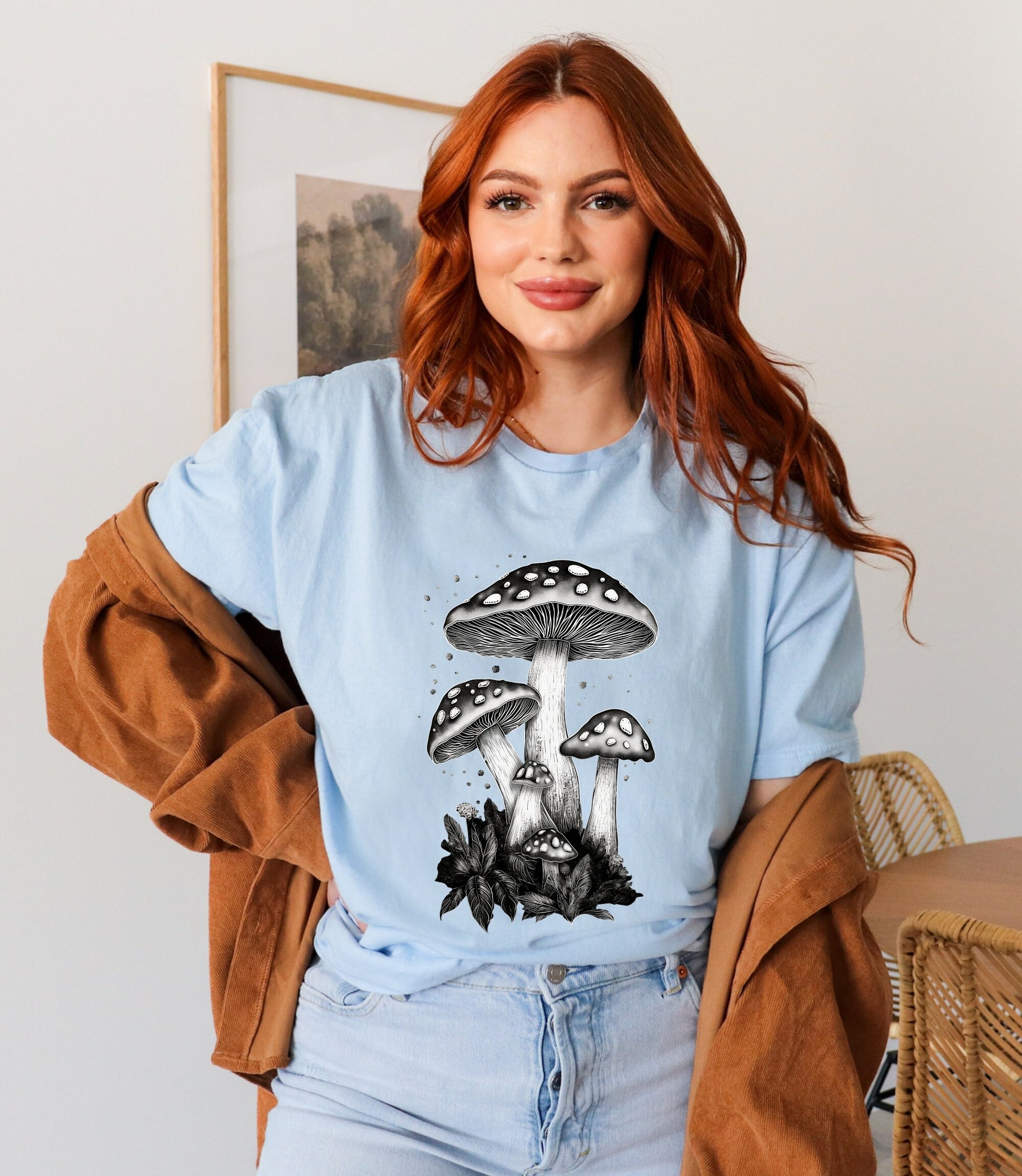 Magical mushroom t-shirt, mystical mushroom shirt, line art mushroom, mushroom gifts, birthday gift, mushroom lover shirt