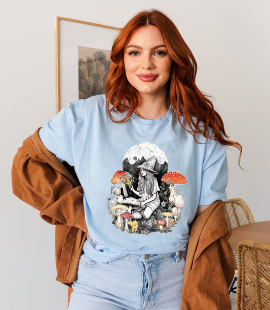 Magic mushroom t-shirt, mushroom witch tee, mushroom gifts for her, mushroom moon phase, cottagecore lover gift, fungi shirt, botanical tee