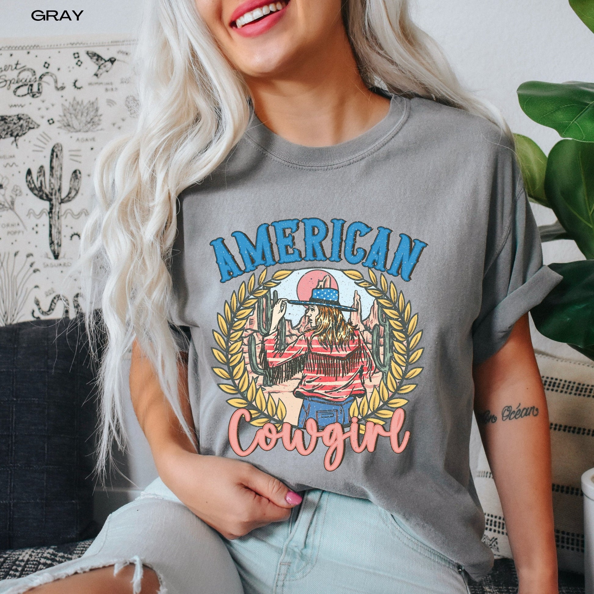 Retro American cowgirl comfort colors t-shirt, 4th of july gifts, vintage independence day shirt, cowgirl gifts, cowgirl birthday gift