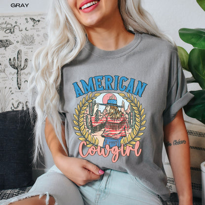 Retro American cowgirl comfort colors t-shirt, 4th of july gifts, vintage independence day shirt, cowgirl gifts, cowgirl birthday gift