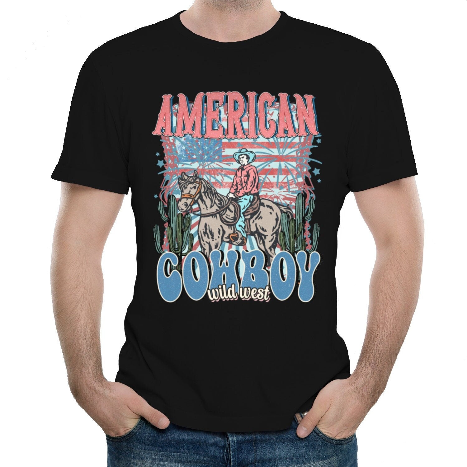 Retro American cowboy comfort colors t-shirt, cowgirl husband t-shirt, 4th of july gifts, cowboy gifts, wild cowboy shirt, independence day