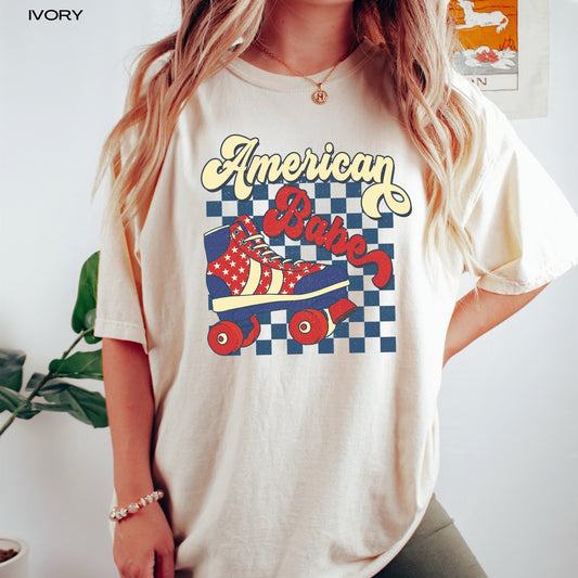 4th of July retro American babe comfort colors t-shirt, vintage shirt, independence day tee, red white and blue, american birthday gift
