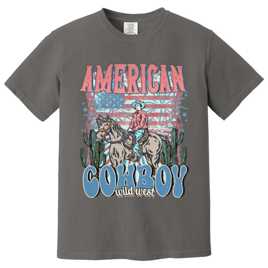 Retro American cowboy comfort colors t-shirt, cowgirl husband t-shirt, 4th of july gifts, cowboy gifts, wild cowboy shirt, independence day