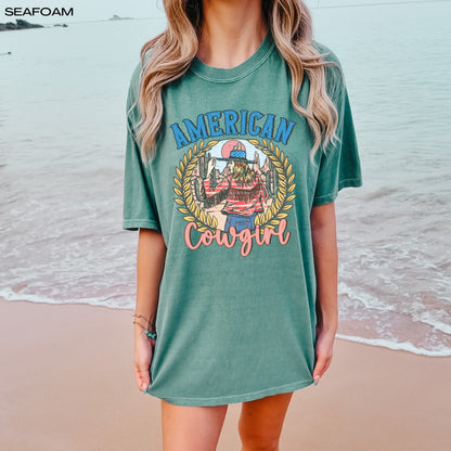 Retro American cowgirl comfort colors t-shirt, 4th of july gifts, vintage independence day shirt, cowgirl gifts, cowgirl birthday gift